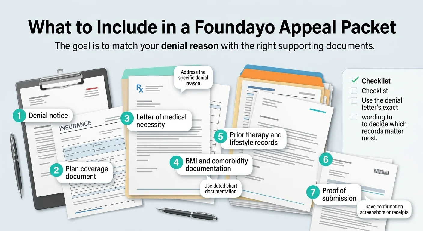 What to Include in a Foundayo Appeal Packet: 1 Denial notice, 2 Plan coverage document, 3 Letter of medical necessity, 4 BMI and comorbidity documentation, 5 Prior therapy and lifestyle records, 6 Appeal cover letter, 7 Proof of submission