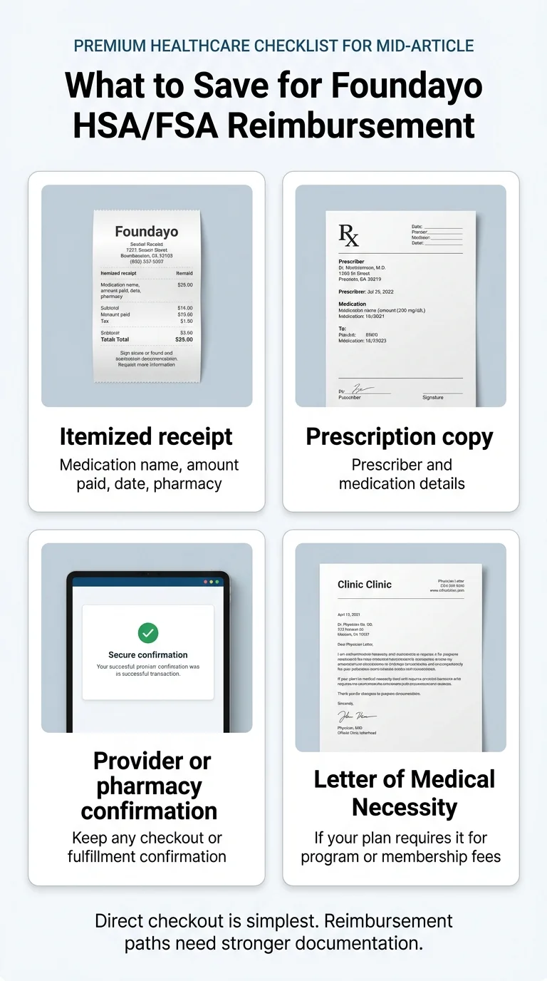What to save for Foundayo HSA/FSA reimbursement: itemized receipt, prescription copy, provider or pharmacy confirmation, and letter of medical necessity
