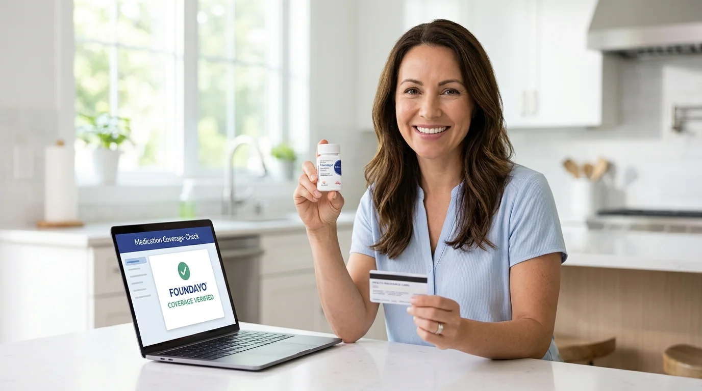 Woman holding Foundayo bottle with laptop displaying Foundayo Coverage Verified — Ro's free GLP-1 Insurance Coverage Checker contacts your insurer and returns a personalized report by email