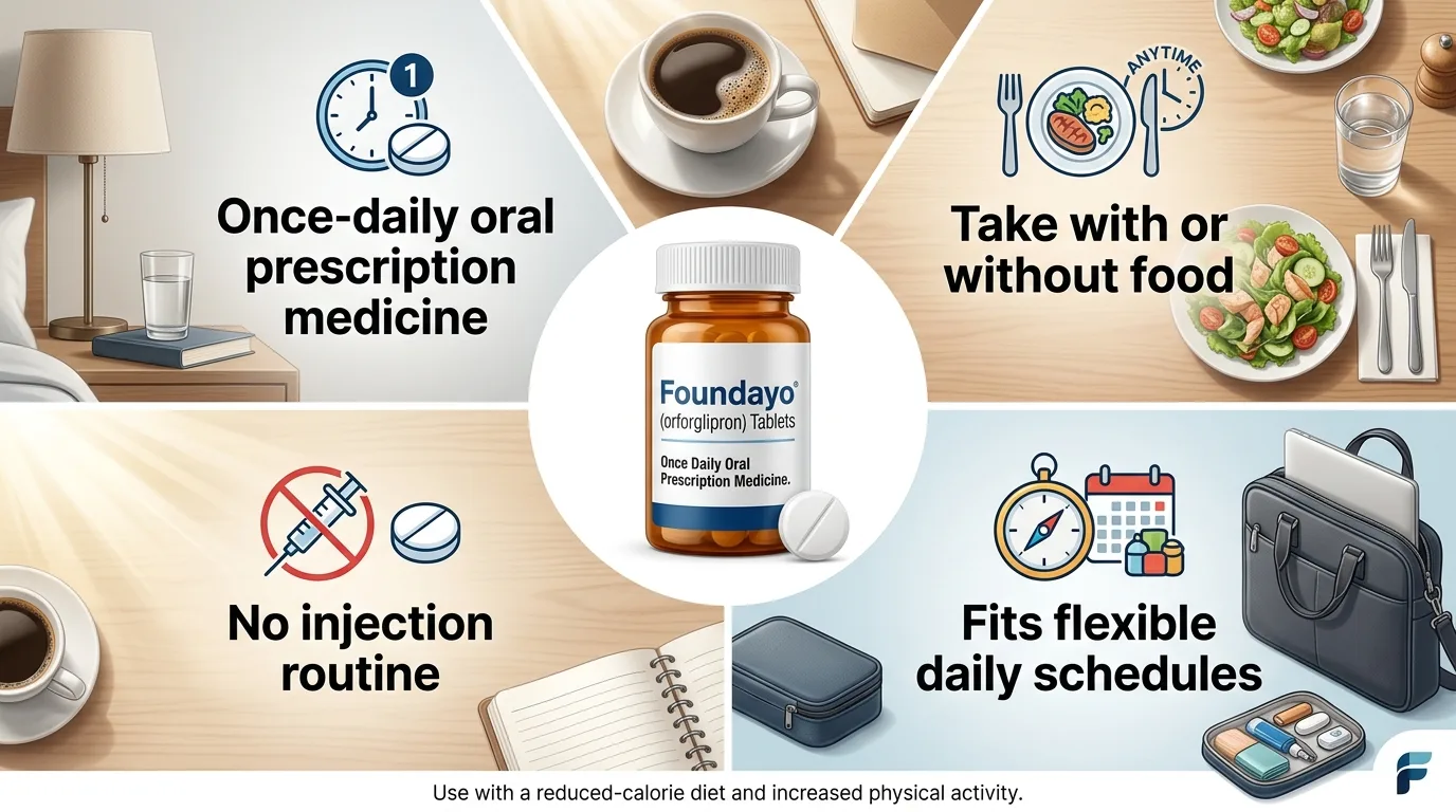 Foundayo (orforglipron) four key advantages: once-daily oral prescription medicine, take with or without food anytime, no injection routine, fits flexible daily schedules including travel and shift work
