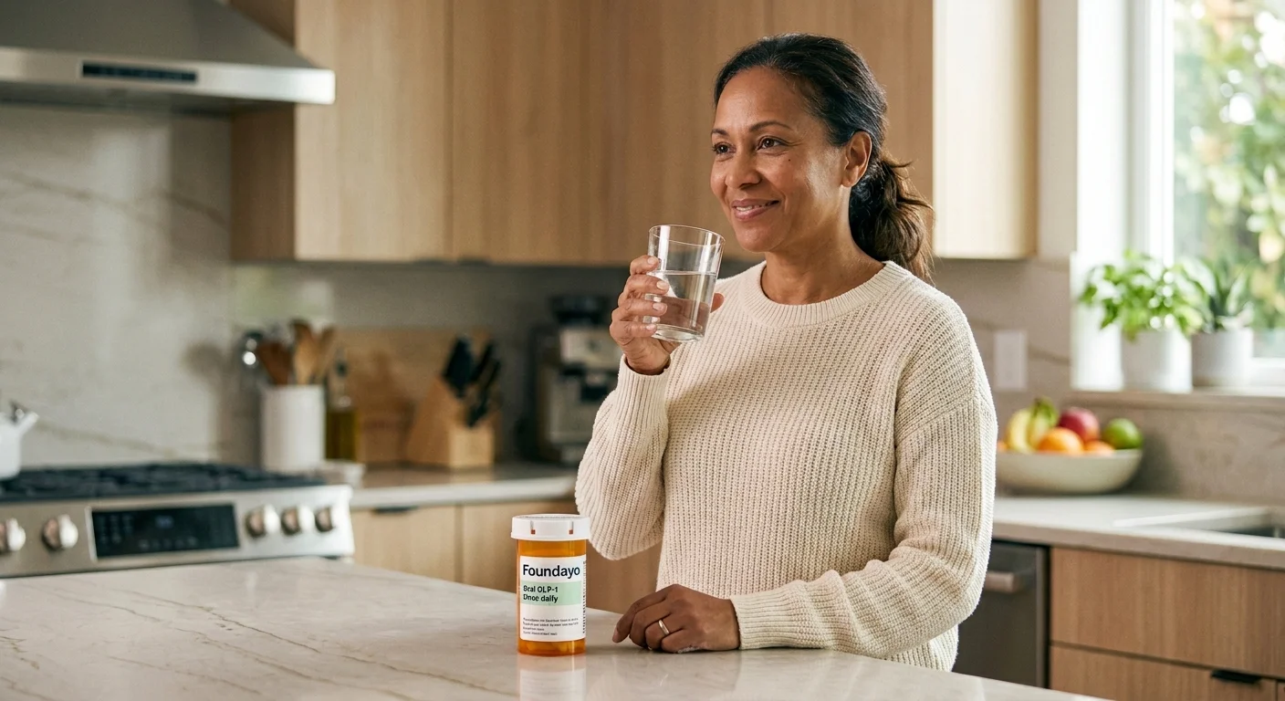 Woman in a bright kitchen holding a glass of water next to her Foundayo Oral GLP-1 Once daily prescription bottle on a white marble countertop — once-daily oral weight management medication