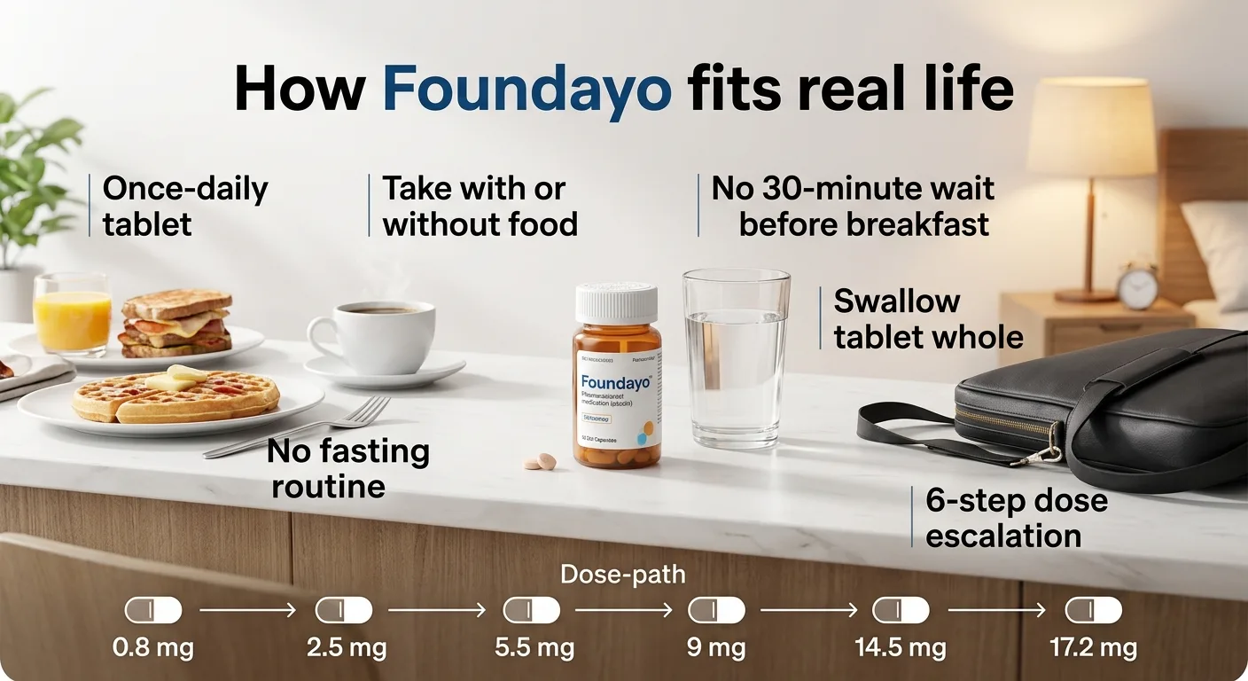 How Foundayo fits real life: once-daily tablet, take with or without food, no 30-minute wait before breakfast, no fasting routine, swallow tablet whole. 6-step dose path: 0.8 mg → 2.5 mg → 5.5 mg → 9 mg → 14.5 mg → 17.2 mg