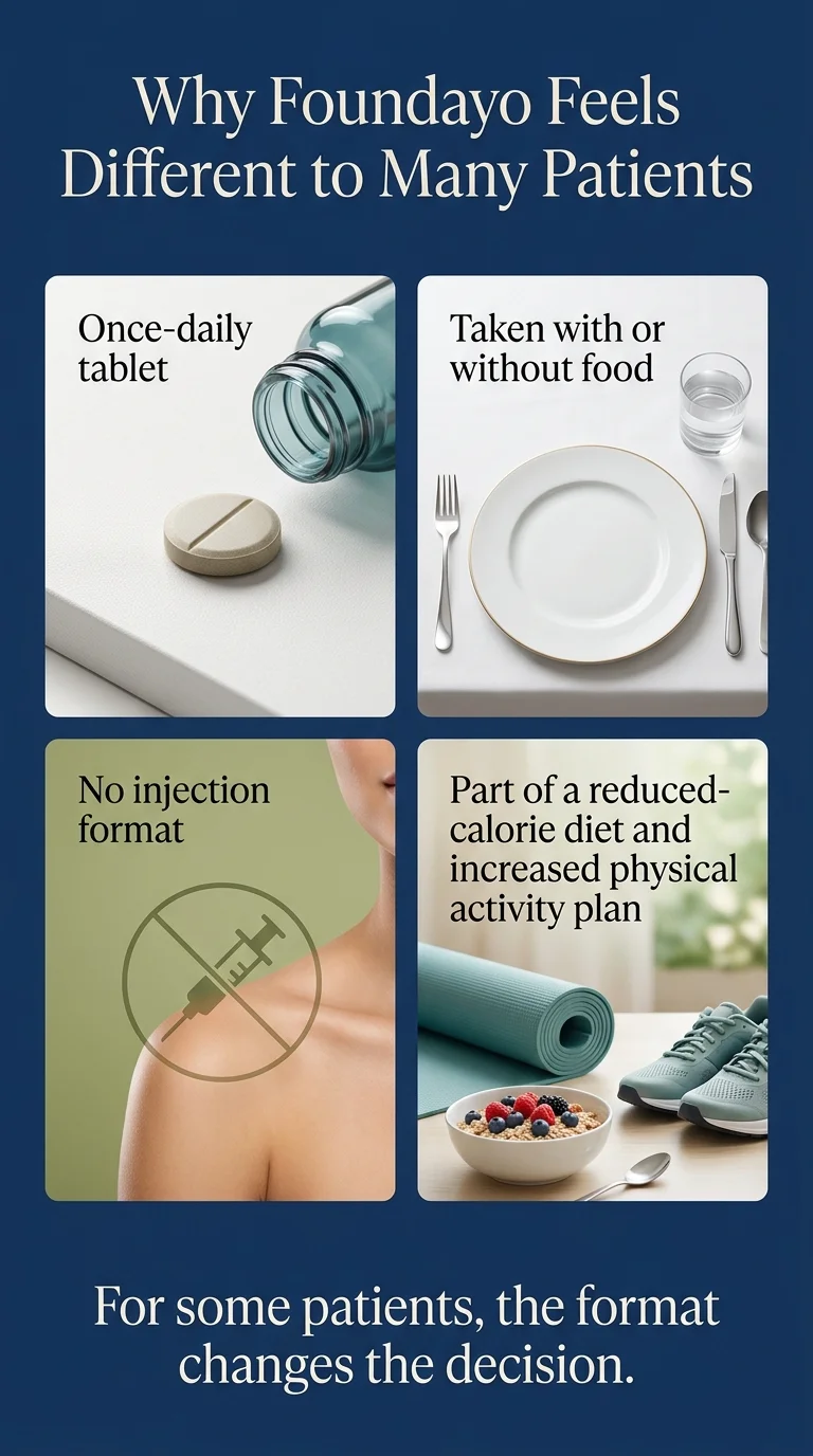 Why Foundayo feels different to many patients — once-daily tablet, taken with or without food, no injection format, part of a reduced-calorie diet and exercise plan