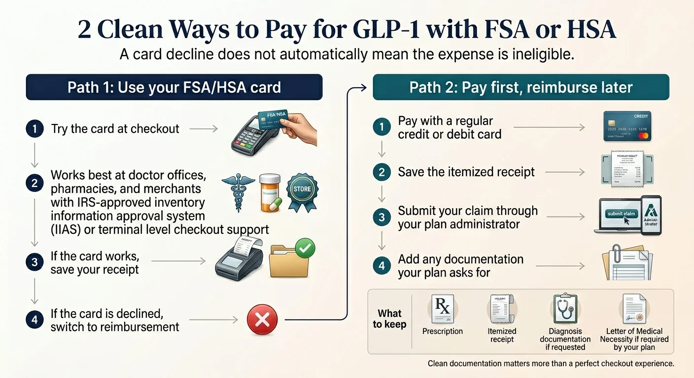 Two ways to pay for GLP-1 with FSA or HSA: Path 1 is using the FSA card directly at checkout; Path 2 is paying with a regular card first and submitting for reimbursement with your prescription, itemized receipt, diagnosis documentation, and Letter of Medical Necessity