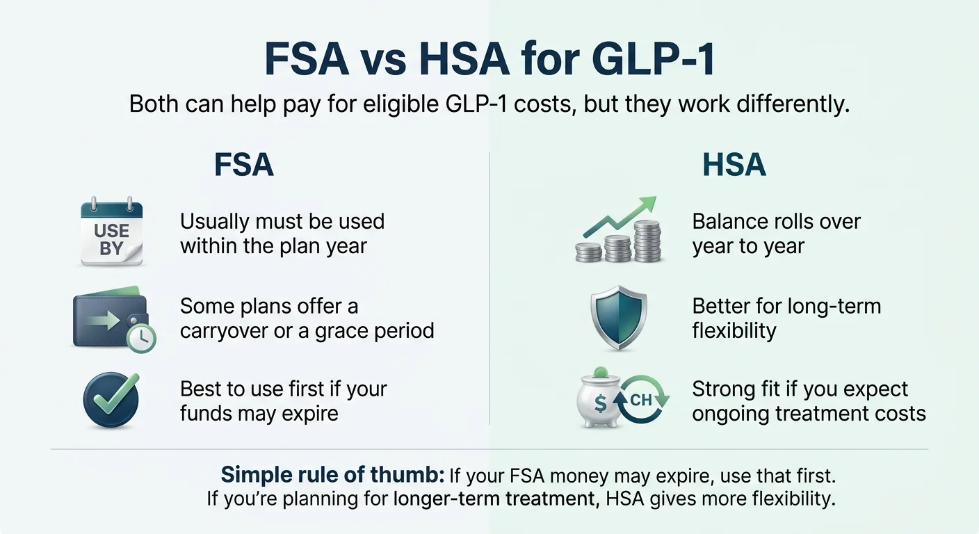 FSA vs HSA for GLP-1 comparison: FSA funds usually must be used within the plan year with some carryover or grace period options; HSA balance rolls over year to year, is better for long-term flexibility, and is a strong fit for ongoing treatment costs
