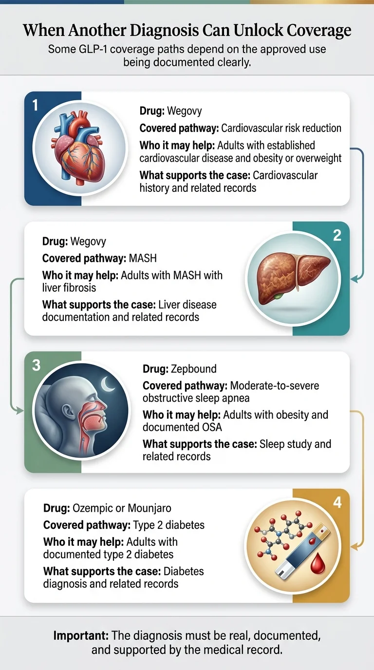 When another diagnosis can unlock GLP-1 coverage: four covered pathways — Wegovy for cardiovascular risk reduction with CVD history, Wegovy for MASH with liver fibrosis, Zepbound for obstructive sleep apnea with documented OSA, Ozempic/Mounjaro for type 2 diabetes