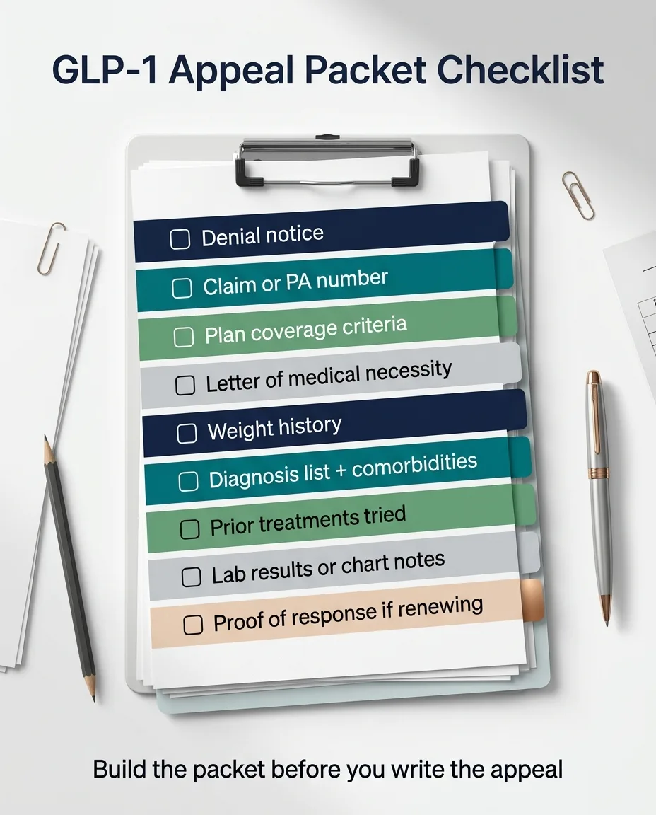 GLP-1 appeal packet checklist on a clipboard showing: denial notice, claim or PA number, plan coverage criteria, letter of medical necessity, weight history, diagnosis list plus comorbidities, prior treatments tried, lab results or chart notes, proof of response if renewing