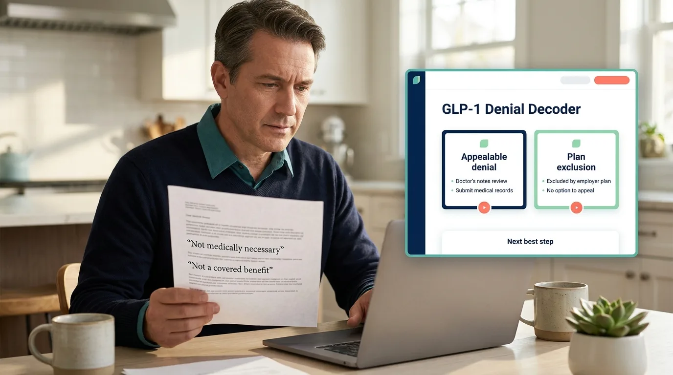 Person reading a GLP-1 insurance denial letter at a kitchen table with a laptop showing an appeal decoder tool distinguishing appellable denials from plan exclusions