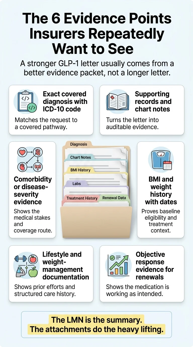 The 6 evidence points insurers repeatedly want in a GLP-1 letter of medical necessity: exact diagnosis with ICD-10, supporting records and chart notes, comorbidity evidence, BMI and weight history with dates, lifestyle documentation, and objective response evidence for renewals