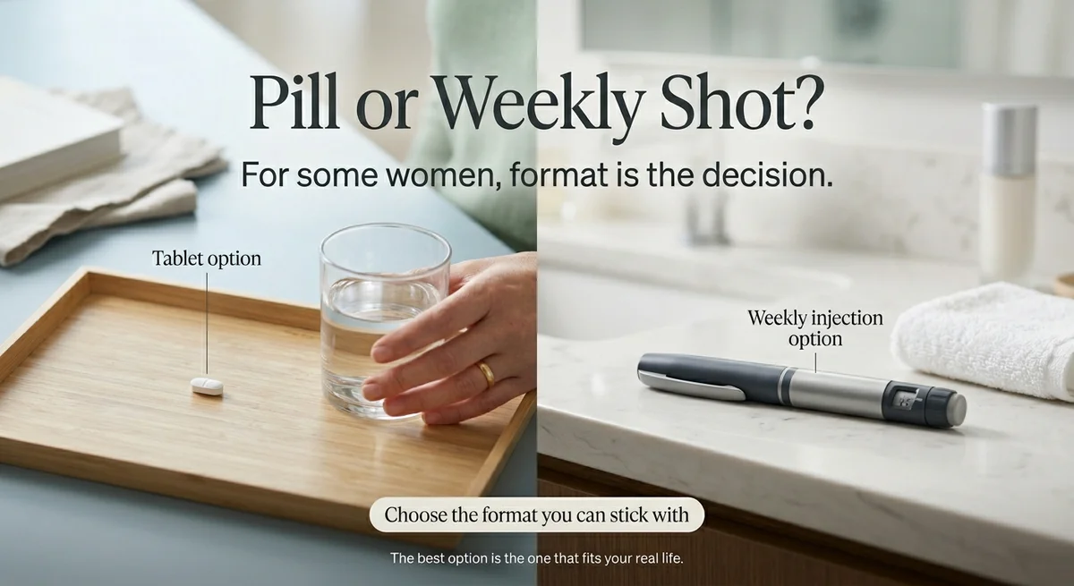 Pill or weekly shot for GLP-1? For some women, format is the decision — tablet option on the left, weekly injection option on the right. Choose the format you can stick with.