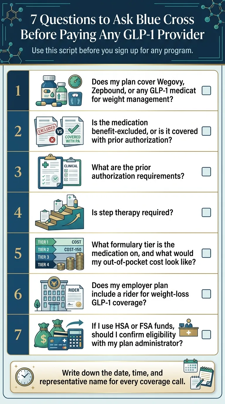 7 Questions to Ask Blue Cross Before Paying Any GLP-1 Provider — call script: 1. Does my plan cover Wegovy, Zepbound, or any GLP-1 medication for weight management? 2. Is the medication benefit-excluded, or is it covered with prior authorization? 3. What are the prior authorization requirements? 4. Is step therapy required? 5. What formulary tier is the medication on, and what would my out-of-pocket cost look like? 6. Does my employer plan include a rider for weight-loss GLP-1 coverage? 7. If I use HSA or FSA funds, should I confirm eligibility with my plan administrator? Write down the date, time, and representative name for every coverage call.
