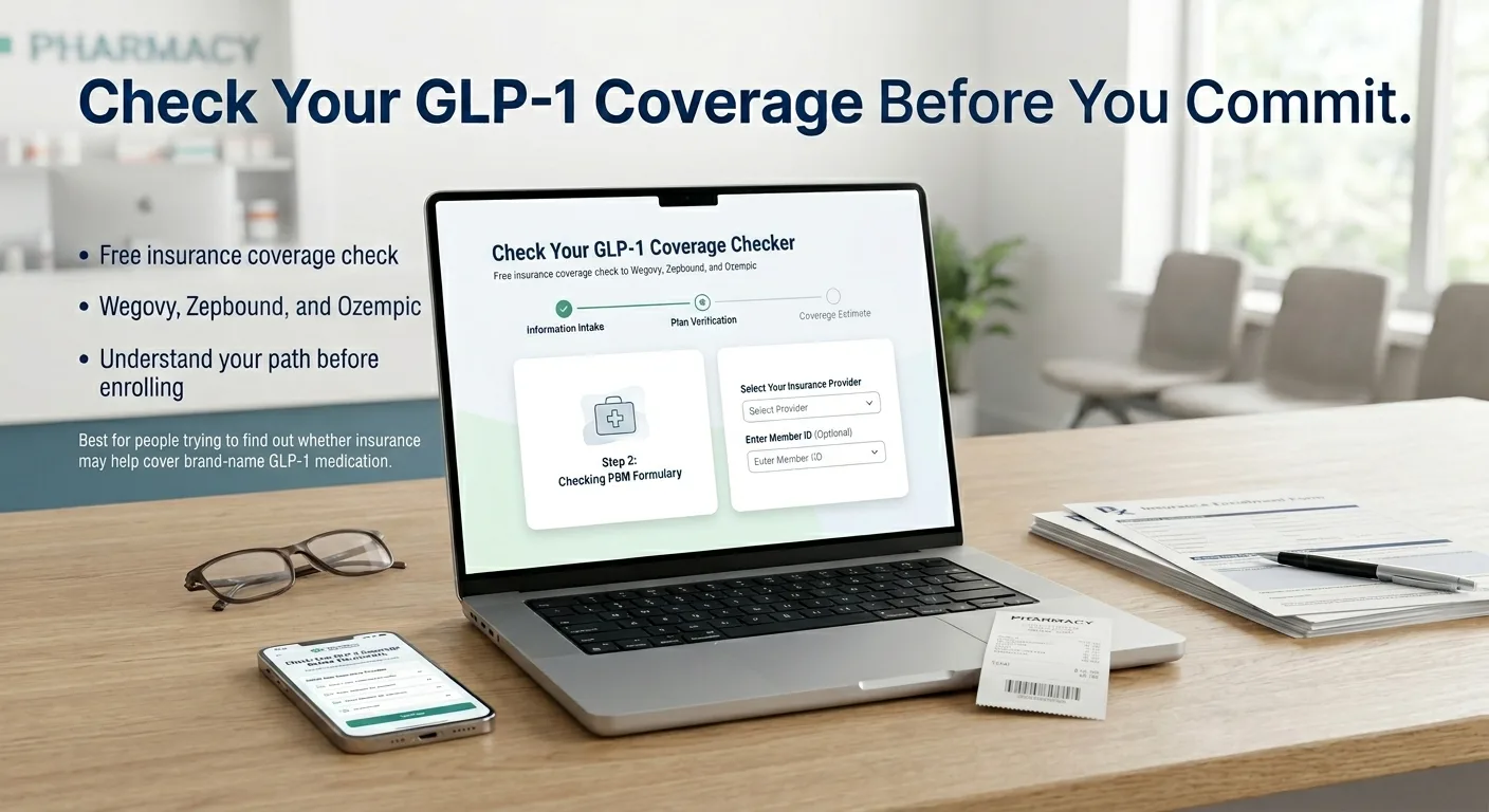 Check Your GLP-1 Coverage Before You Commit — Ro's free insurance coverage checker for Wegovy, Zepbound, and Ozempic. Free insurance coverage check. Step 2: Checking PBM Formulary. Select your insurance provider. Enter Member ID. Best for people trying to find out whether insurance may help cover brand-name GLP-1 medication. Understand your path before enrolling.