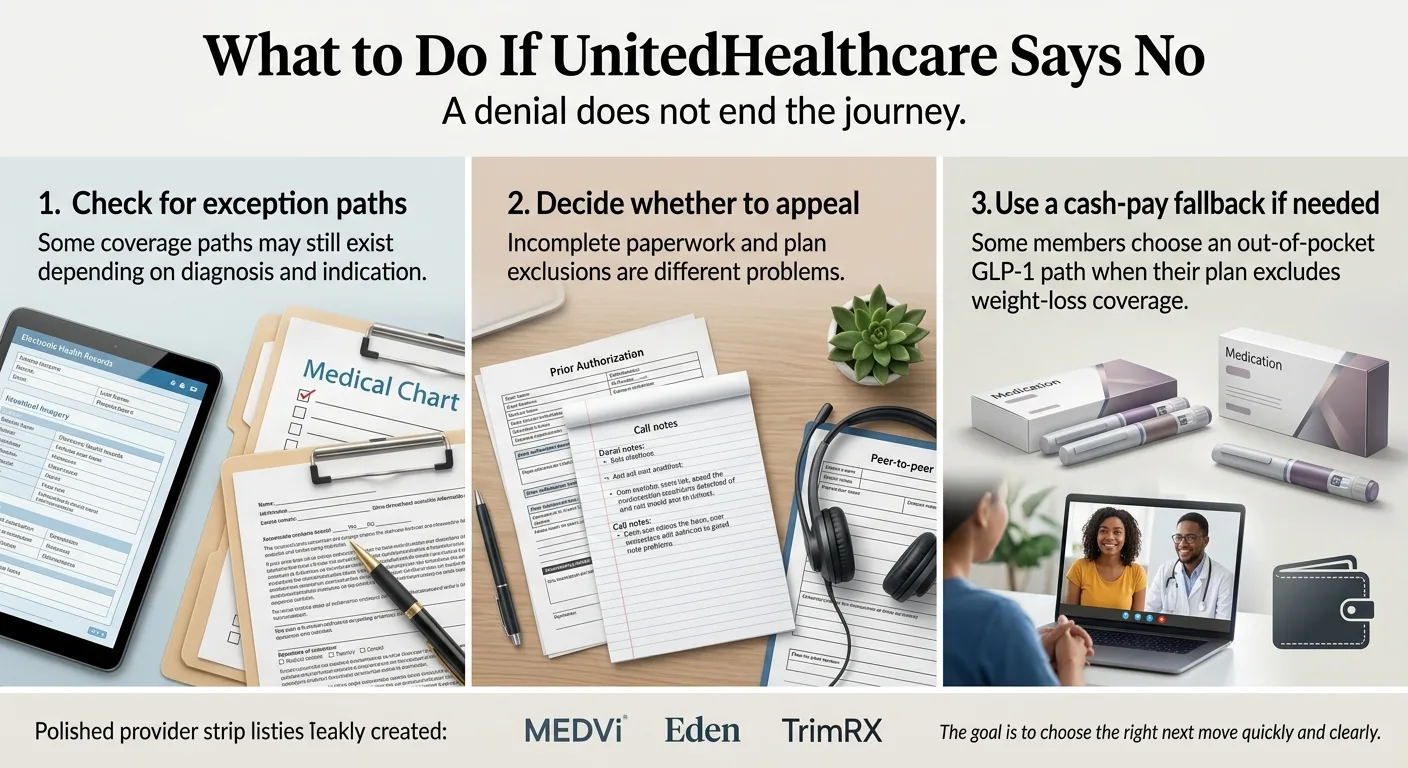 What to Do If UnitedHealthcare Says No — a denial does not end the journey. Three steps: (1) Check for exception paths — some coverage paths may still exist depending on diagnosis and indication. (2) Decide whether to appeal — incomplete paperwork and plan exclusions are different problems. If prior authorization was denied, ask your provider about stronger documentation, peer-to-peer review, or appeal. (3) Use a cash-pay fallback if needed — some members choose an out-of-pocket GLP-1 path when their plan excludes weight-loss coverage. MEDVi, Eden, TrimRX. The goal is to choose the right next move quickly and clearly.