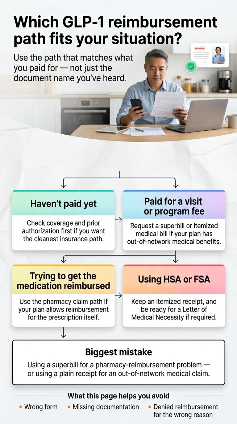 Which GLP-1 reimbursement path fits your situation? Decision flowchart: Haven't paid yet → check coverage first; Paid for a visit or program fee → request a superbill; Trying to get the medication reimbursed → use the pharmacy claim path; Using HSA or FSA → keep an itemized receipt plus Letter of Medical Necessity.