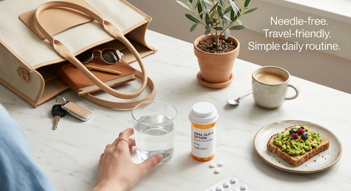 Needle-free, travel-friendly, simple daily routine — oral GLP-1 option pill bottle on a kitchen counter next to coffee, avocado toast, and a travel bag