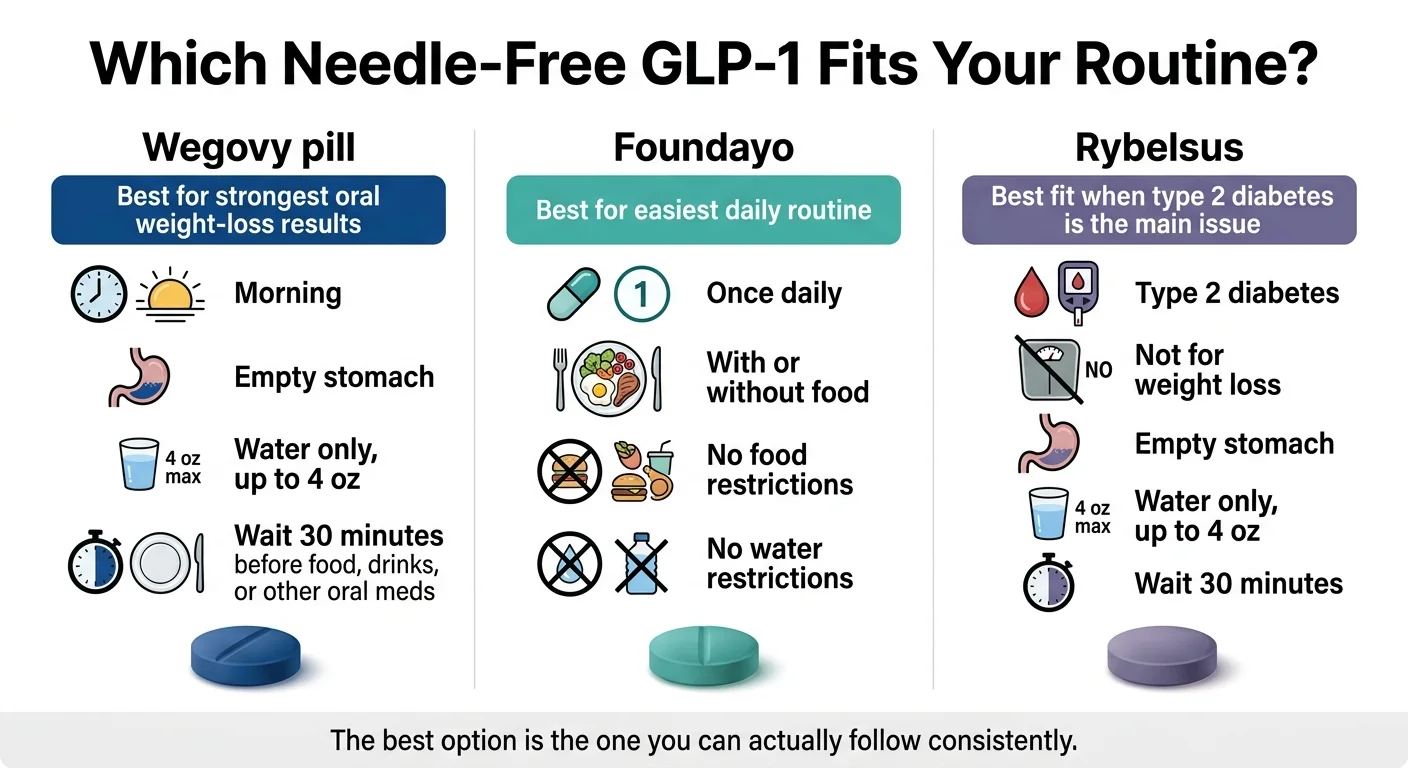 Which Needle-Free GLP-1 Fits Your Routine — comparison chart showing Wegovy pill requires morning empty stomach and 30-minute wait, Foundayo allows any time with food, Rybelsus requires empty stomach