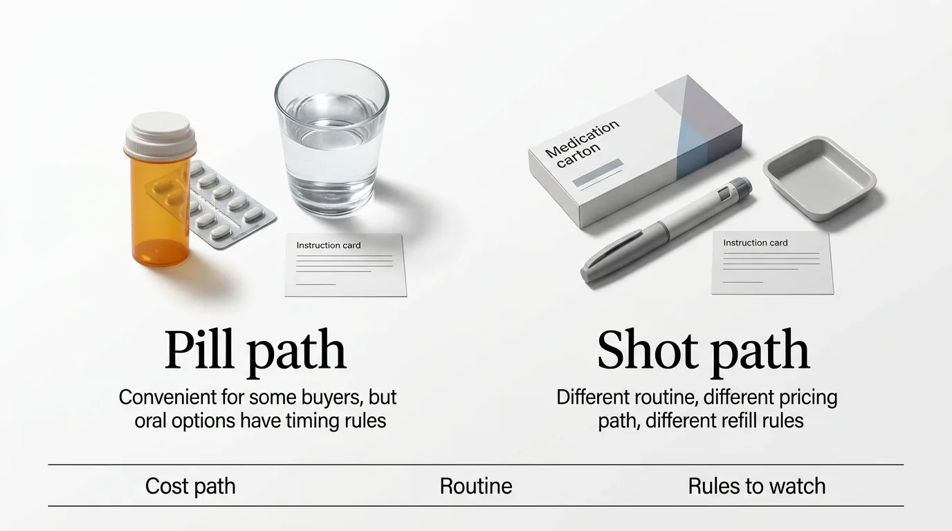 GLP-1 cost without insurance: pill vs shot path comparison — oral semaglutide cash-pay vs injectable options