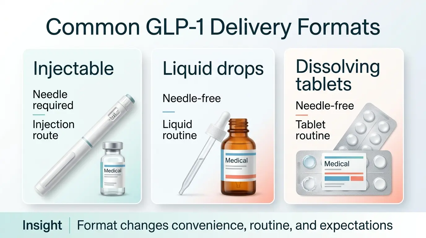 Common GLP-1 delivery formats at SkinnyRx: Injectable (needle required, injection route — highest bioavailability, best review satisfaction), liquid drops/sublingual (needle-free, liquid routine — less established for compounded formats), and dissolving tablets (needle-free, tablet routine — most complaints about effectiveness come from tablet users). Insight: format changes convenience, routine, and expectations.