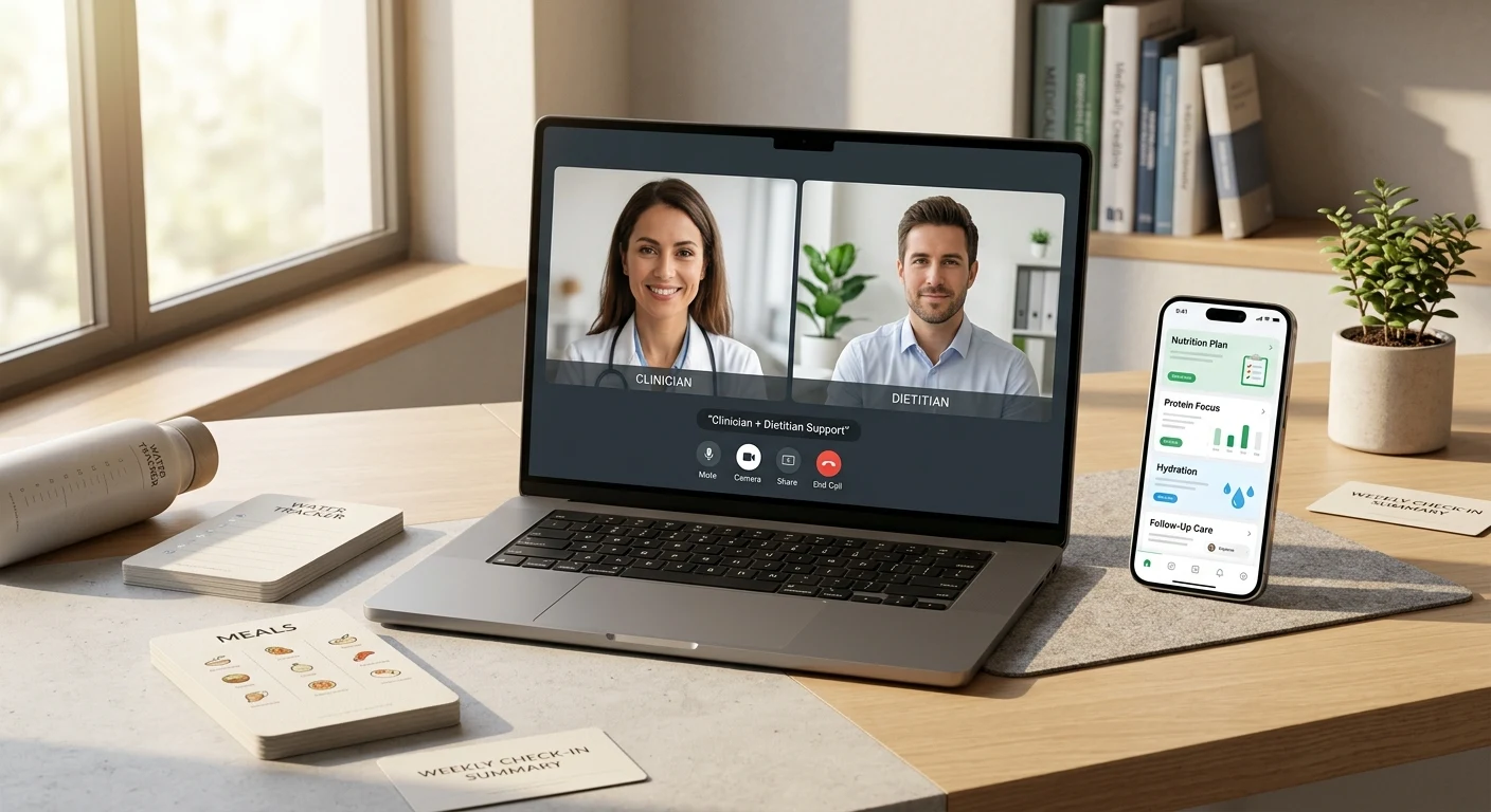 Clinician and registered dietitian on a video call providing GLP-1 support to a patient