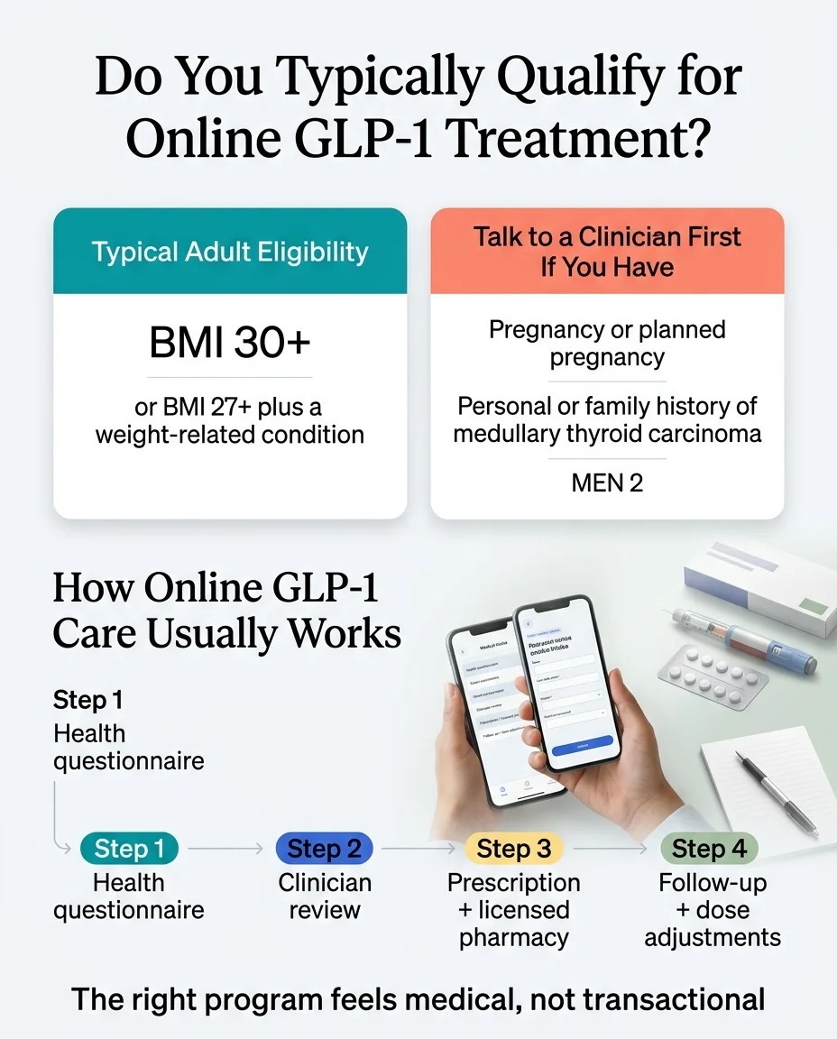 Infographic showing typical GLP-1 eligibility criteria including BMI 30 plus or BMI 27 plus with a weight-related condition, and the four-step online care process from health questionnaire to follow-up care