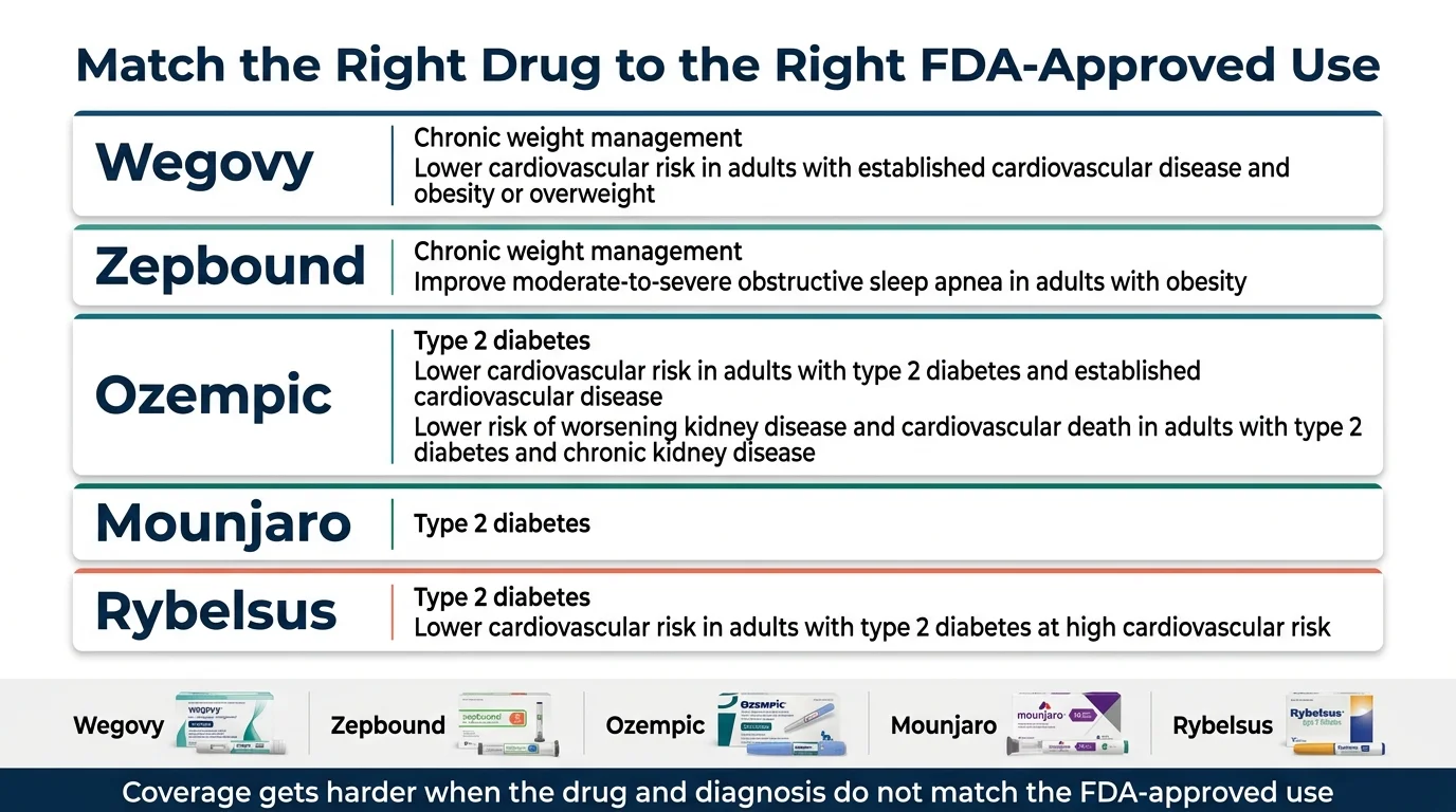 Table matching GLP-1 drugs to their FDA-approved uses: Wegovy for weight management, Zepbound for weight management and sleep apnea, Ozempic for diabetes and cardiovascular and kidney disease, Mounjaro for diabetes, Rybelsus for diabetes and cardiovascular risk