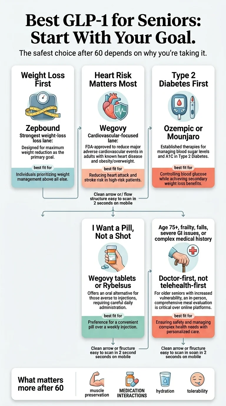Best GLP-1 for seniors — start with your goal: Zepbound for maximum weight loss, Wegovy for heart-risk reduction, Ozempic or Mounjaro for type 2 diabetes, Wegovy tablet or Rybelsus for pill preference, doctor-first approach for adults 75+ or with complex medical history