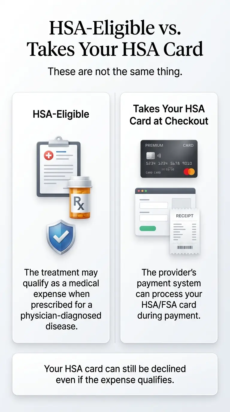 HSA-eligible vs takes your HSA card — these are not the same thing. HSA-eligible means the treatment may qualify as a medical expense when prescribed for a physician-diagnosed disease. Takes your HSA card means the provider's payment system can process your HSA/FSA card during payment. Your HSA card can still be declined even if the expense qualifies.