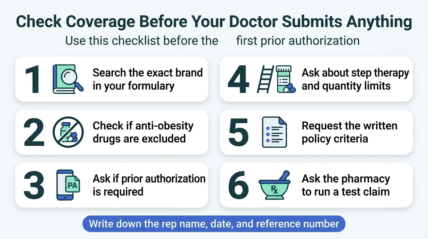 6-step checklist for checking GLP-1 insurance coverage before your doctor submits prior authorization: search formulary, check exclusions, ask about prior auth, check step therapy, request written policy, ask pharmacy to run test claim