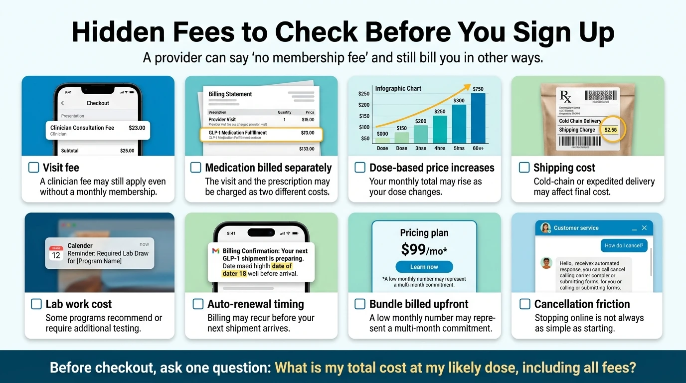8 hidden fees to check before signing up with a GLP-1 provider: visit fee, medication billed separately, dose-based price increases, shipping costs, lab work, auto-renewal timing, bundle billed upfront, and cancellation friction