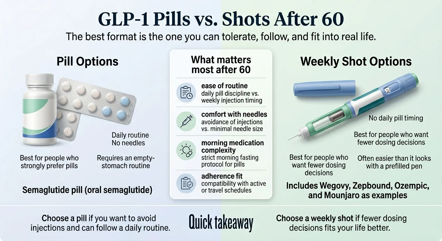 GLP-1 pills vs. shots after 60: pill options (semaglutide oral) offer daily routine with no needles but require empty-stomach morning fasting; weekly shot options (Wegovy, Zepbound, Ozempic, Mounjaro) mean fewer dosing decisions and no daily timing — best format is the one you can tolerate and follow in real life