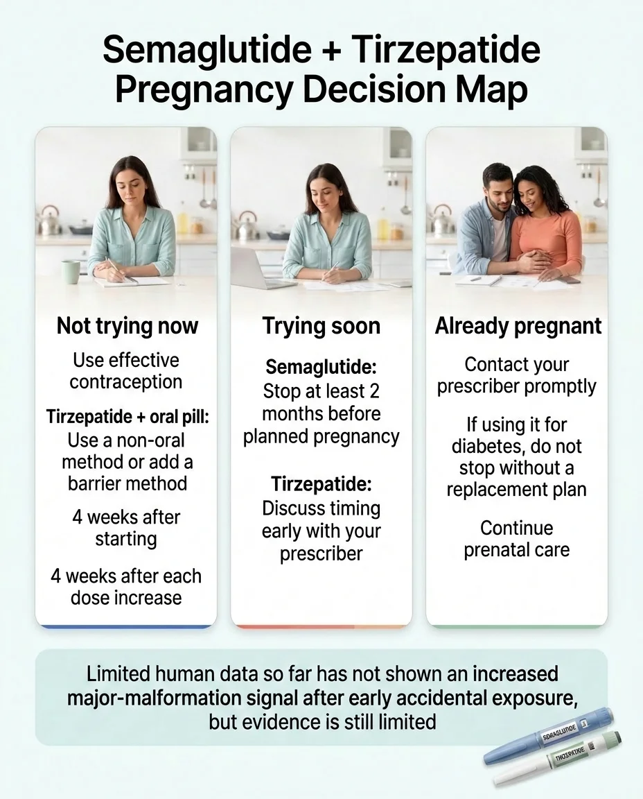 Semaglutide and tirzepatide pregnancy decision map showing three paths: not trying now (use effective contraception), trying soon (stop per washout timeline), and already pregnant (contact prescriber promptly)