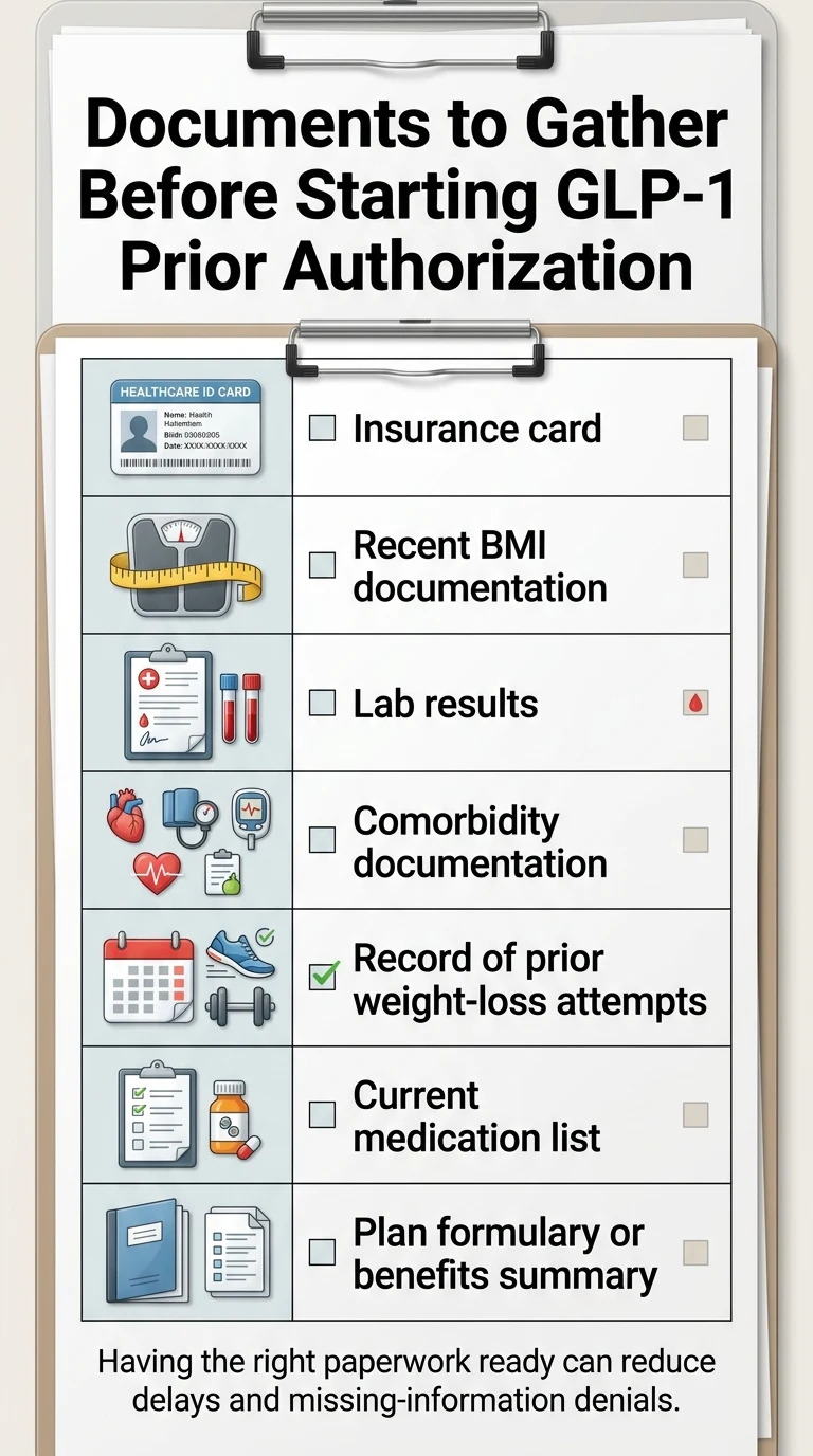 Documents checklist for GLP-1 prior authorization: insurance card, BMI documentation, lab results, comorbidity documentation, prior weight-loss attempts record, current medication list, plan formulary