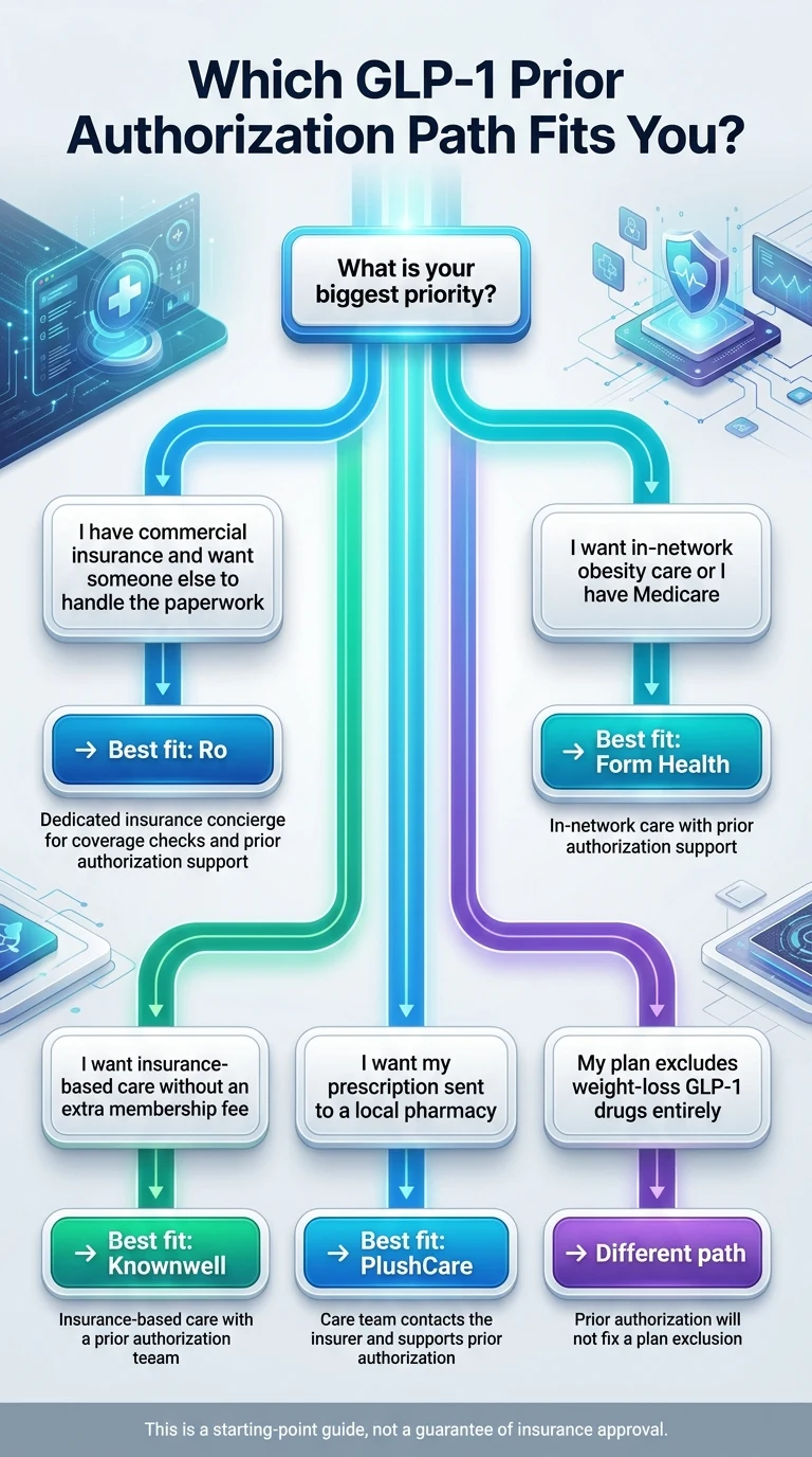 Decision tree for choosing the best GLP-1 prior authorization provider: Ro for commercial insurance, Form Health for Medicare or in-network care, Knownwell for no membership fee, PlushCare for local pharmacy