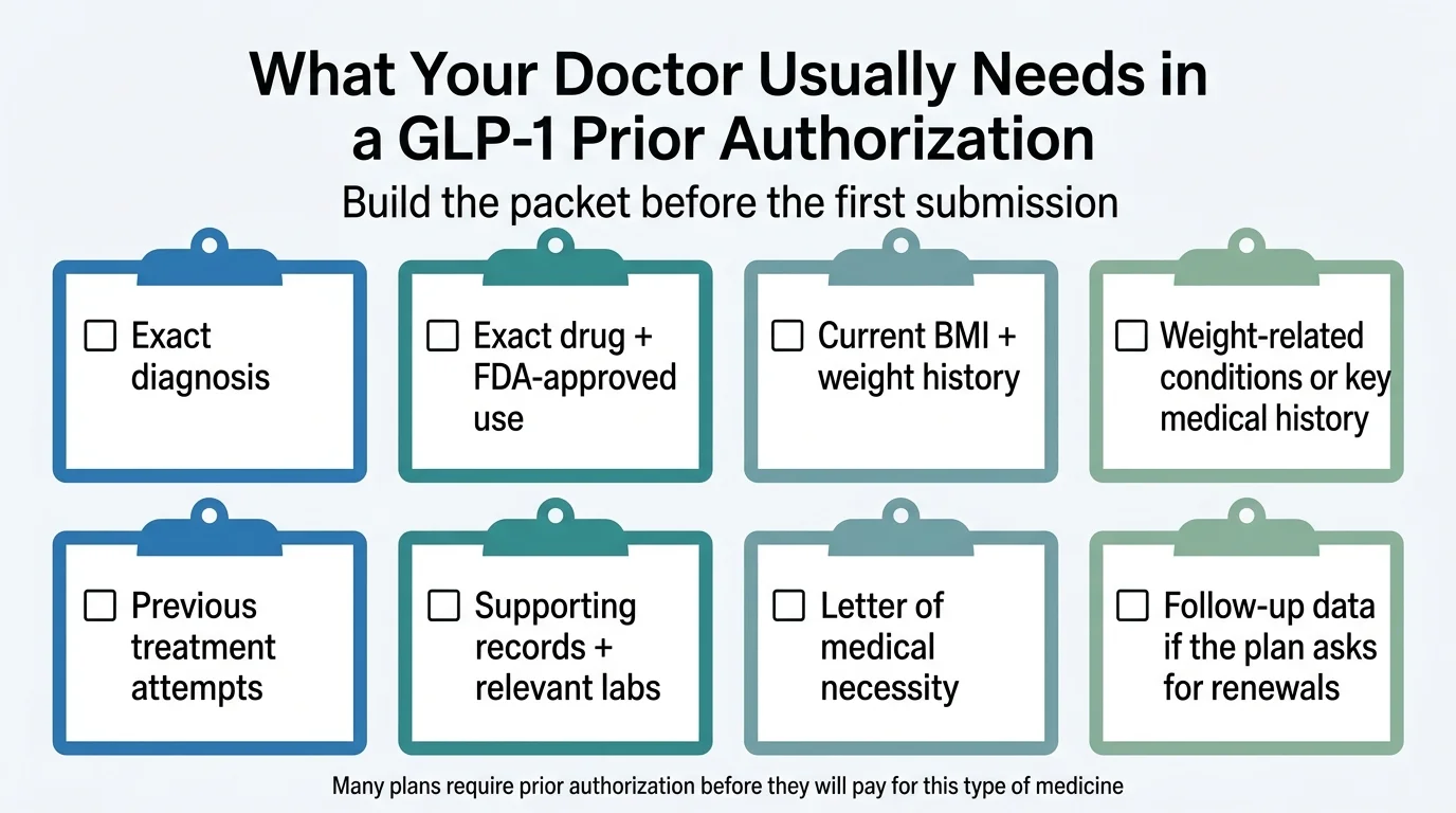 What your doctor usually needs in a GLP-1 prior authorization: exact diagnosis, exact drug and FDA-approved use, current BMI and weight history, weight-related conditions, previous treatment attempts, supporting records and labs, letter of medical necessity, follow-up data for renewals