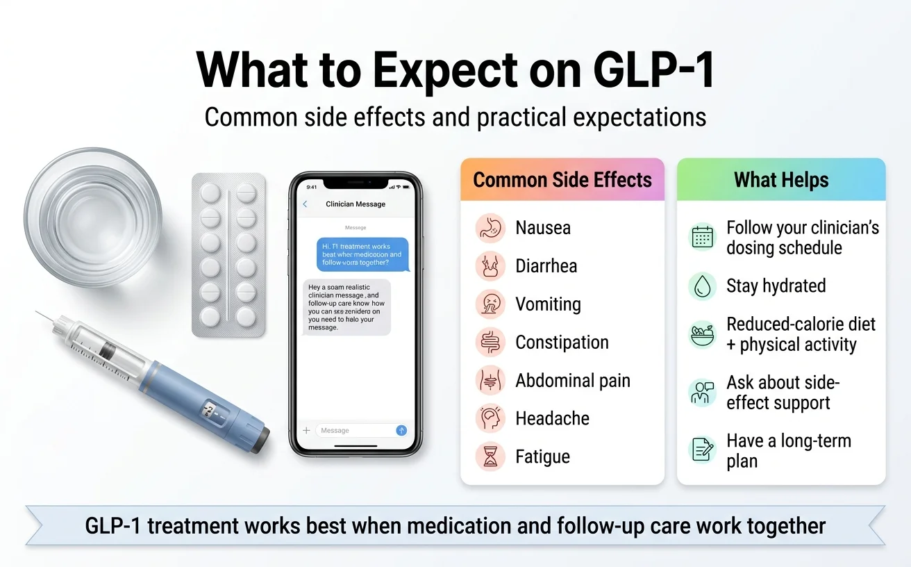 Infographic showing common GLP-1 side effects including nausea, diarrhea, vomiting, constipation, abdominal pain, headache, and fatigue alongside practical tips for managing them