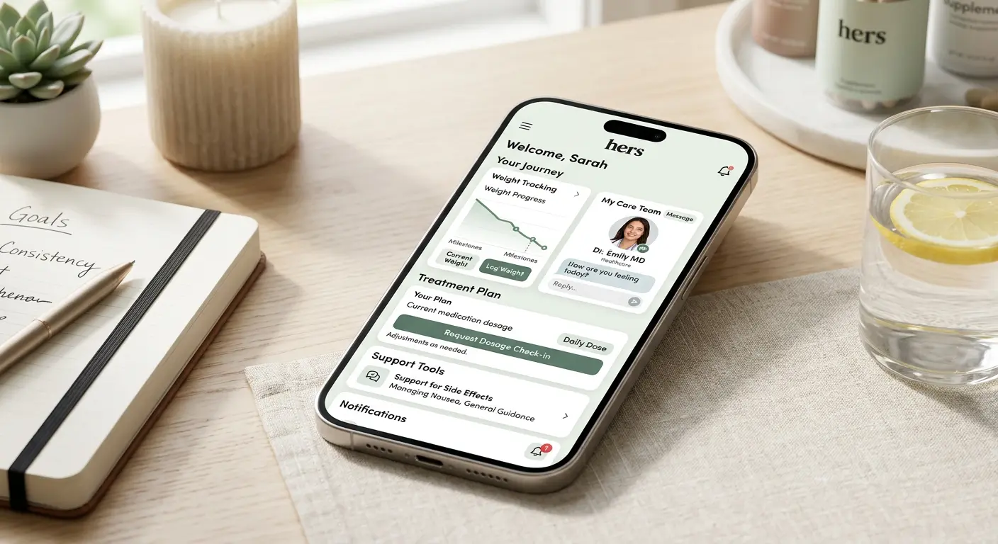 Hers weight loss app displayed on a smartphone on a wooden desk. The app shows: Welcome Sarah, Your Journey section with Weight Tracking and Weight Progress graph. My Care Team panel shows Dr. Emily MD with a message asking 'How are you feeling today?' Treatment Plan shows current medication dosage with Request Dosage Check-in and Daily Dose buttons. Support Tools section shows Support for Side Effects: Managing Nausea, General Guidance. Notifications and Reminders visible. A goals notebook, candle, and Hers supplement bottles are visible in the background.