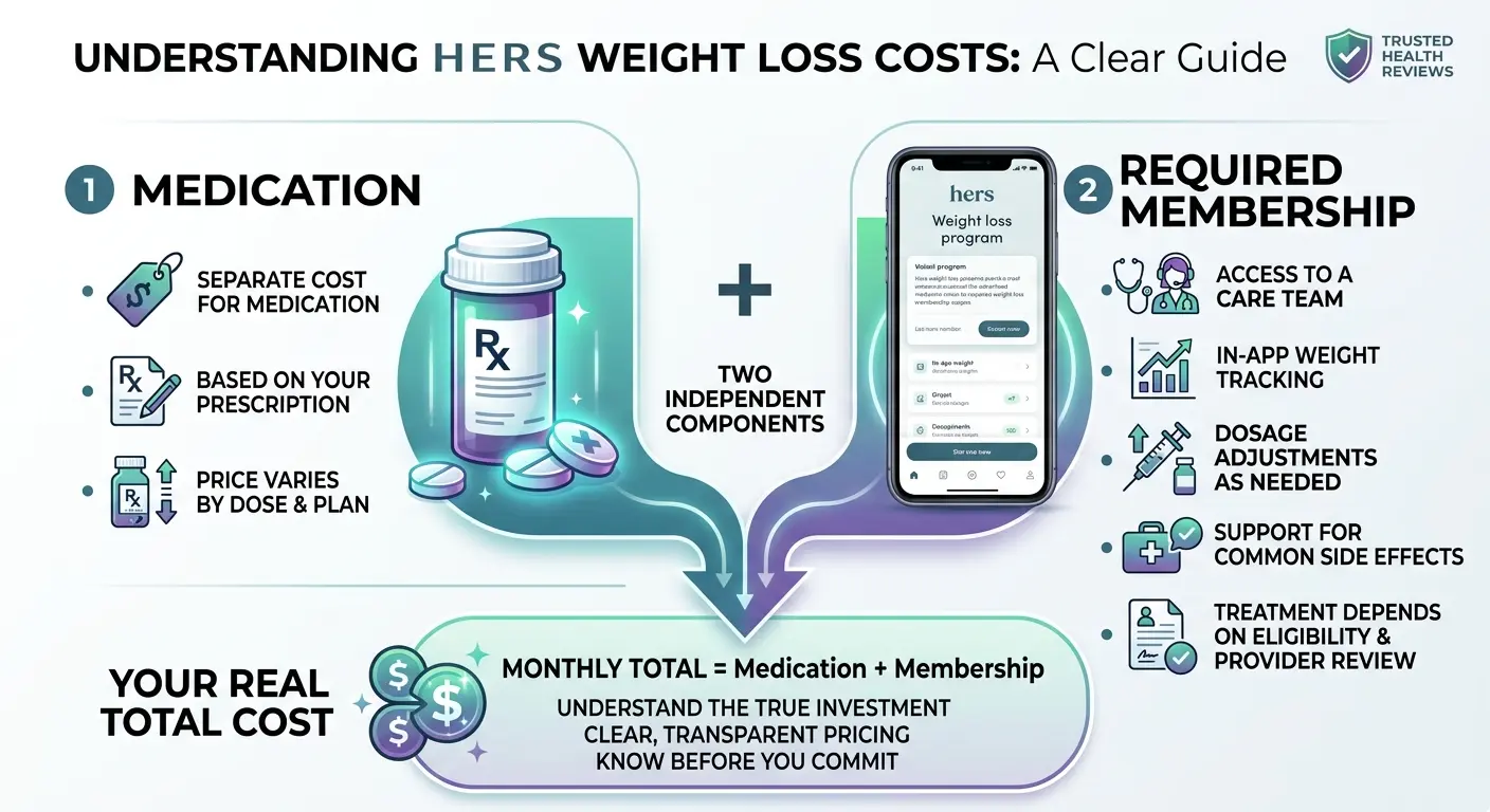Understanding Hers Weight Loss Costs: A Clear Guide. Two independent components: (1) Medication — separate cost for medication, based on your prescription, price varies by dose and plan. Plus (2) Required Membership — access to a care team, in-app weight tracking, dosage adjustments as needed, support for common side effects, treatment depends on eligibility and provider review. Monthly Total = Medication + Membership. Know before you commit.