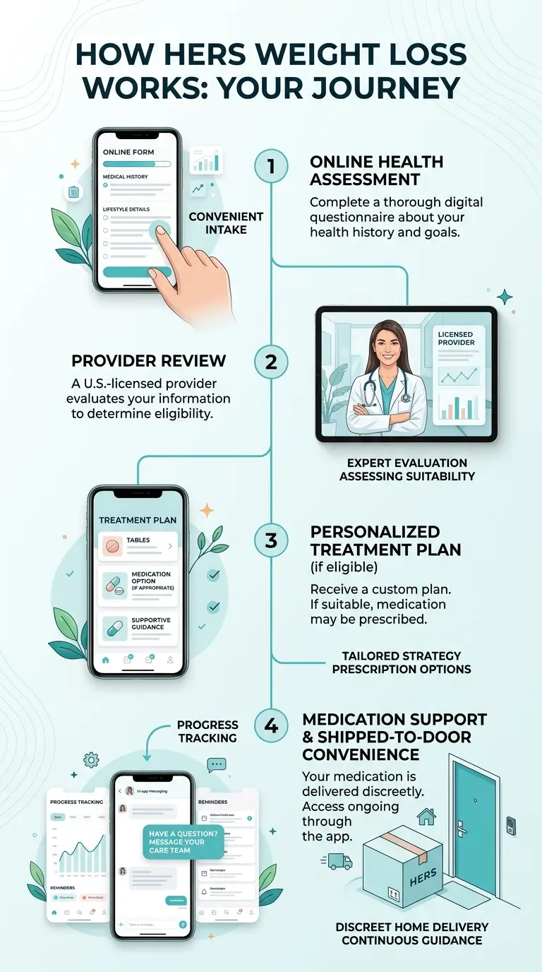 How Hers Weight Loss Works — Your Journey. Step 1: Online Health Assessment — complete a thorough digital questionnaire about your health history and goals (convenient intake). Step 2: Provider Review — a U.S.-licensed provider evaluates your information to determine eligibility (expert evaluation, assessing suitability). Step 3: Personalized Treatment Plan (if eligible) — receive a custom plan; if suitable, medication may be prescribed (tailored strategy, prescription options). Step 4: Medication Support and Shipped-to-Door Convenience — your medication is delivered discreetly; access ongoing support through the app (discreet home delivery, continuous guidance).