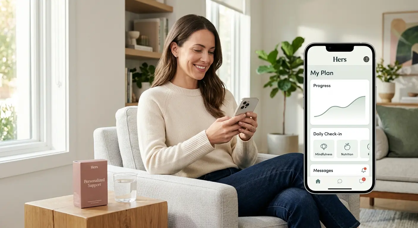 Woman sitting in a bright living room smiling while using the Hers weight loss app on her iPhone. The Hers app screen shows My Plan with a Progress graph, Daily Check-in with Mindfulness and Nutrition tabs, and a Messages section. A Hers Personalized Support box sits on the table next to a glass of water.