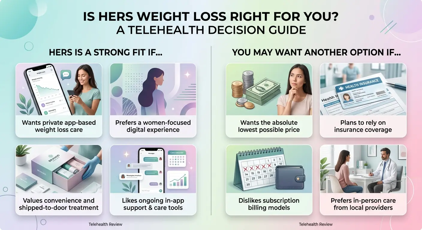 Is Hers Weight Loss Right For You? A Telehealth Decision Guide. Hers is a strong fit if: wants private app-based weight loss care; prefers a women-focused digital experience; values convenience and shipped-to-door treatment; likes ongoing in-app support and care tools. You may want another option if: wants the absolute lowest possible price; plans to rely on insurance coverage; dislikes subscription billing models; prefers in-person care from local providers.