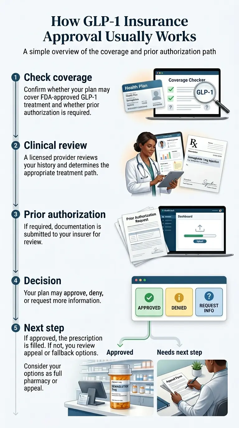 How GLP-1 insurance approval usually works — Step 1: Check coverage (confirm your plan covers FDA-approved GLP-1 treatment and whether prior authorization is required); Step 2: Clinical review (licensed provider reviews history and determines treatment path); Step 3: Prior authorization (documentation submitted to insurer); Step 4: Decision (approved, denied, or request for more information); Step 5: Next step (fill prescription if approved, or review appeal or fallback options)