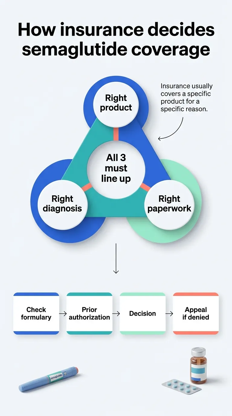 How insurance decides semaglutide coverage: right product, right diagnosis, and right paperwork must all line up — process flows from check formulary through prior authorization to decision and appeal if denied