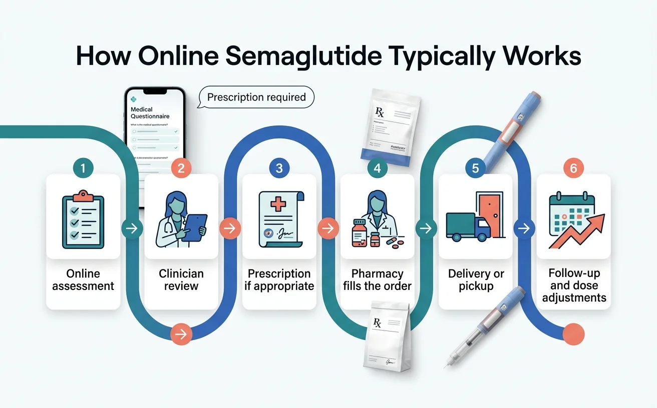 How online semaglutide typically works — 6-step process: online assessment, clinician review, prescription if appropriate, pharmacy fills the order, delivery or pickup, and follow-up with dose adjustments