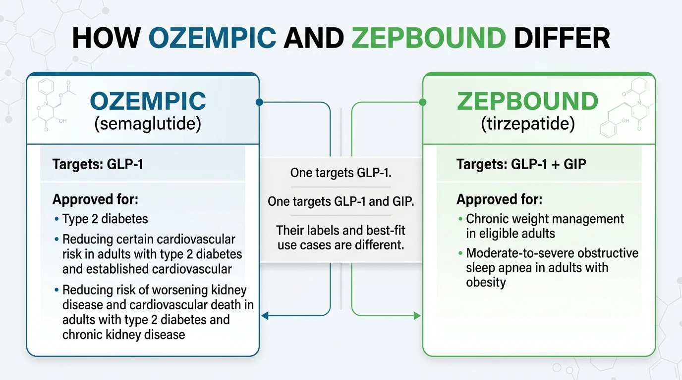 How Ozempic and Zepbound Differ infographic. Ozempic (semaglutide): Targets GLP-1. Approved for: Type 2 diabetes; reducing certain cardiovascular risk in adults with type 2 diabetes and established cardiovascular disease; reducing risk of worsening kidney disease and cardiovascular death in adults with type 2 diabetes and chronic kidney disease. Zepbound (tirzepatide): Targets GLP-1 + GIP. Approved for: Chronic weight management in eligible adults; moderate-to-severe obstructive sleep apnea in adults with obesity. One targets GLP-1, one targets GLP-1 and GIP. Their labels and best-fit use cases are different.
