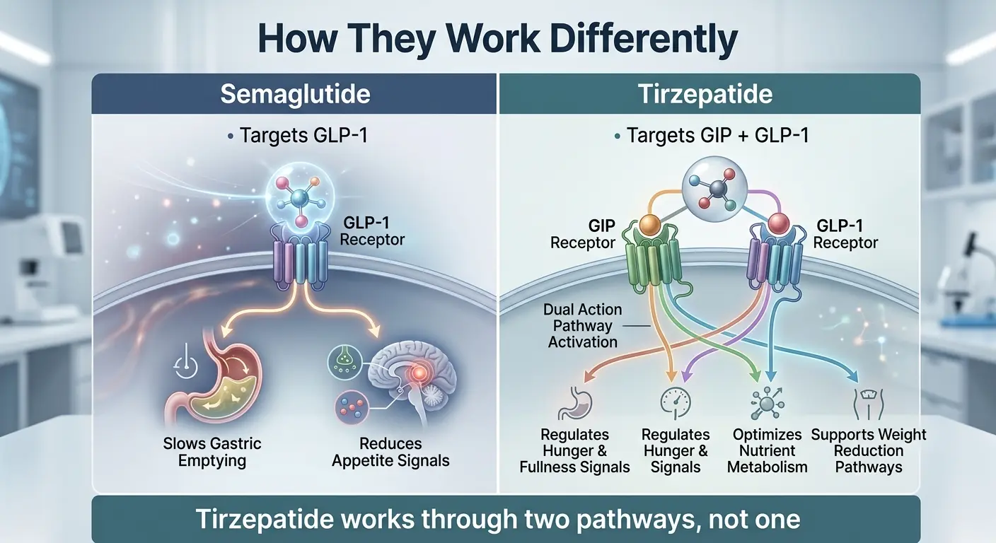 Comparison diagram: Semaglutide targets GLP-1 receptor only (slows gastric emptying, reduces appetite signals). Tirzepatide targets both GIP and GLP-1 receptors (dual-action pathway: regulates hunger and fullness, optimizes nutrient metabolism, supports weight reduction). Caption: Tirzepatide works through two pathways, not one.