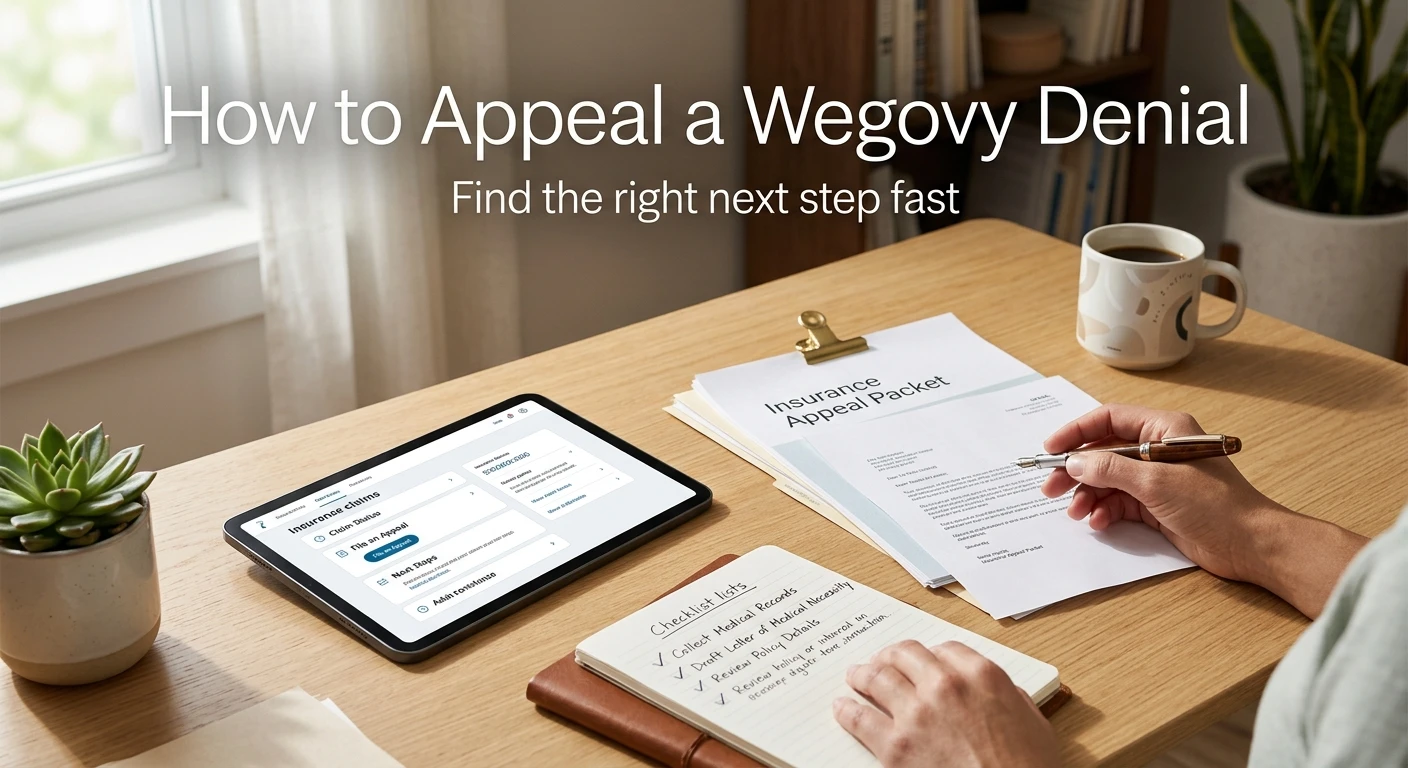How to Appeal a Wegovy Denial — person at desk completing an insurance appeal packet on tablet and paper checklist, with items: collect medical records, draft letter of medical necessity, review policy details