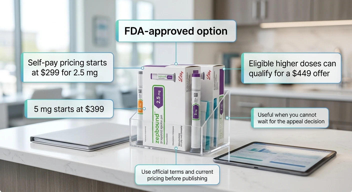 How to Appeal a Zepbound Denial — FDA-approved Zepbound injection pens displayed on a medical counter showing self-pay pricing: starting at $299 for 2.5 mg, $399 for 5 mg, and $449 for eligible higher doses through LillyDirect. Option useful when you cannot wait for the appeal decision.