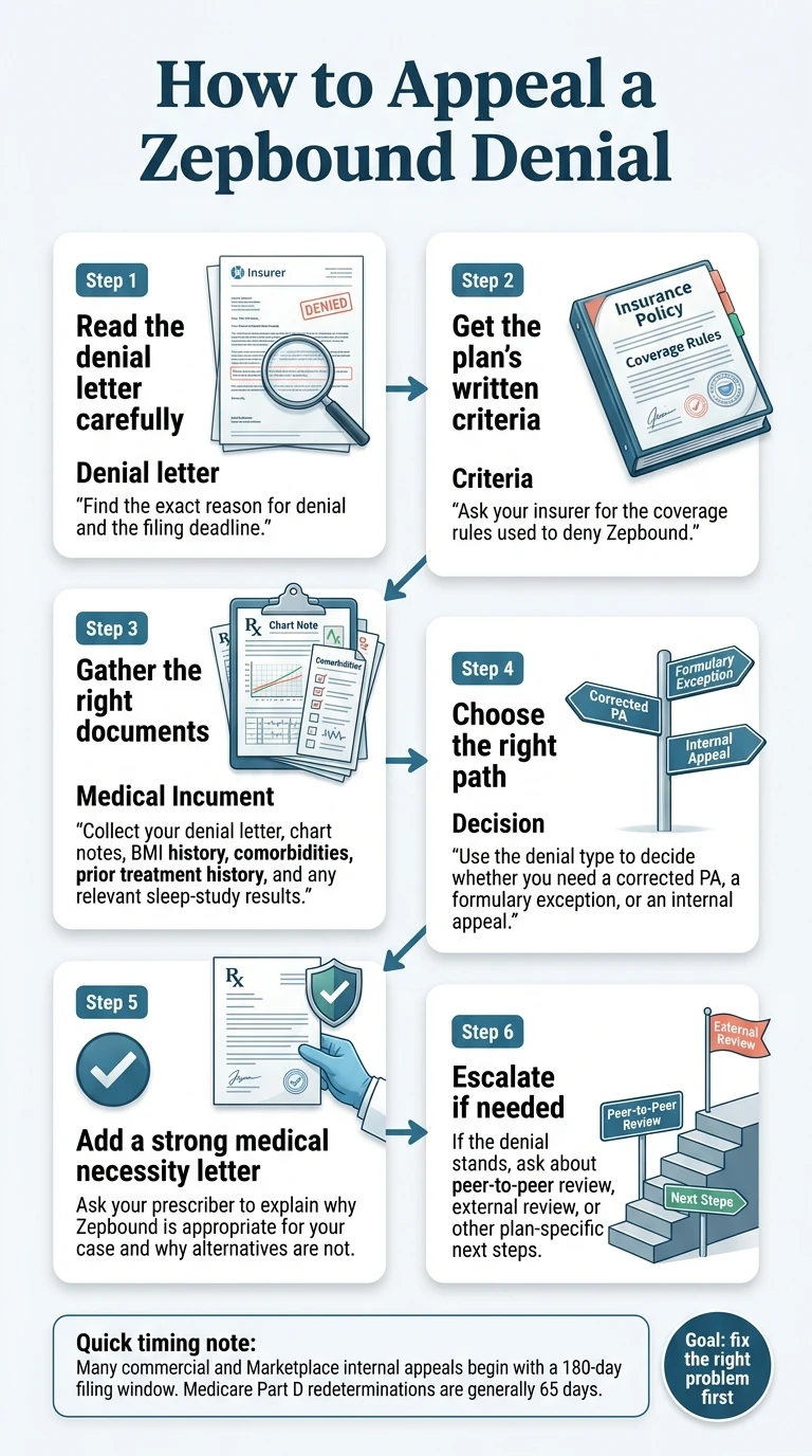 How to Appeal a Zepbound Denial — 6-step process. Step 1: Read the denial letter carefully — find the exact reason for denial and the filing deadline. Step 2: Get the plan's written criteria — ask your insurer for the coverage rules used to deny Zepbound. Step 3: Gather the right documents — collect your denial letter, chart notes, BMI history, comorbidities, prior treatment history, and any relevant sleep-study results. Step 4: Choose the right path — use the denial type to decide whether you need a corrected PA, a formulary exception, or an internal appeal. Step 5: Add a strong medical necessity letter — ask your prescriber to explain why Zepbound is appropriate for your case and why alternatives are not. Step 6: Escalate if needed — if the denial stands, ask about peer-to-peer review, external review, or other plan-specific next steps. Quick timing note: Many commercial and Marketplace internal appeals begin with a 180-day filing window. Medicare Part D redeterminations are generally 65 days.