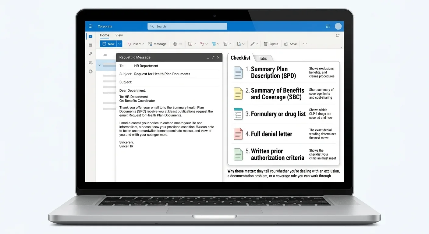 5-document checklist for GLP-1 employer coverage request: 1. Summary Plan Description (SPD), 2. Summary of Benefits and Coverage (SBC), 3. Formulary or drug list, 4. Full denial letter, 5. Written prior authorization criteria — shown as a laptop screen with email and checklist.