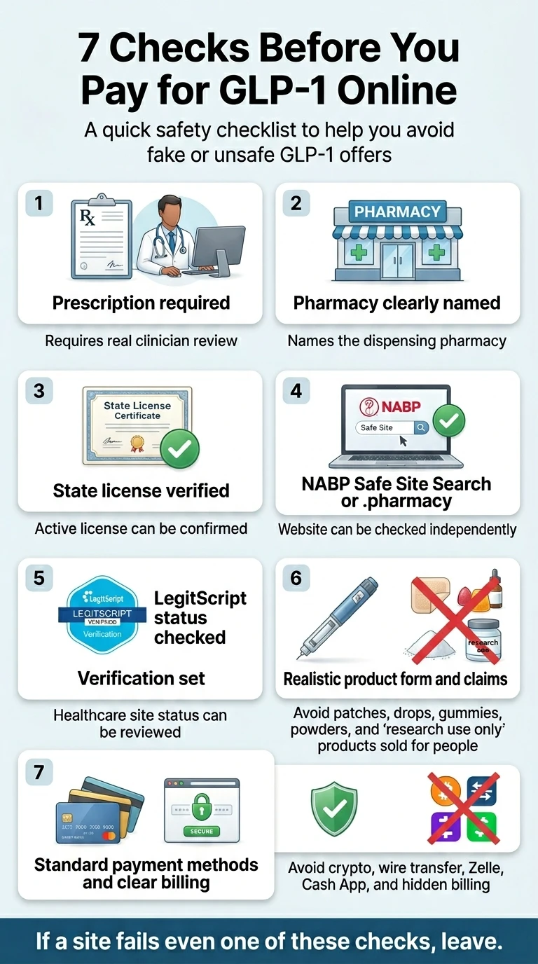 7 checks before you pay for GLP-1 online: 1) prescription required, 2) pharmacy clearly named, 3) state license verified, 4) NABP Safe Site Search or .pharmacy domain, 5) LegitScript status checked, 6) realistic product form and claims, 7) standard payment methods and clear billing. If a site fails even one check, leave.